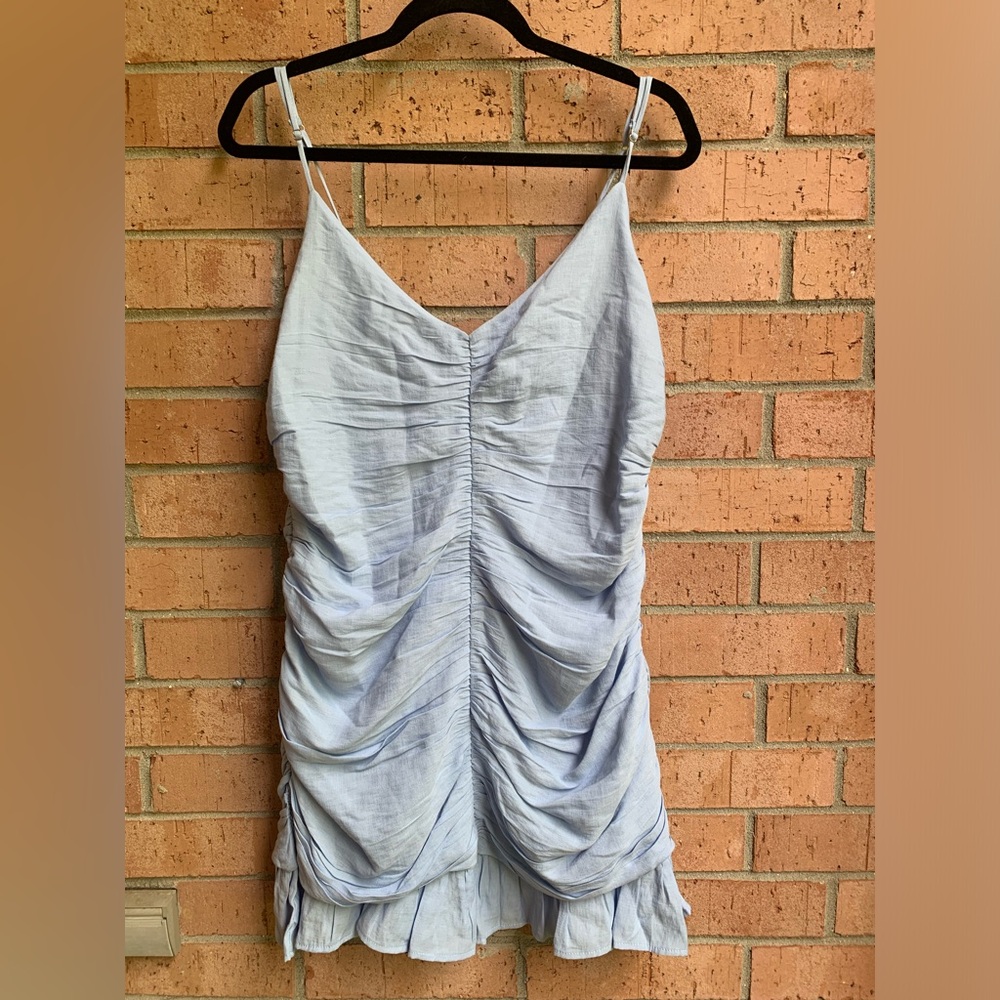 Elodie Light Blue Ruched Ruffle Spaghetti Strap Mini Dress Size XL